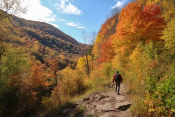 Wall Mural - hike through colorful fall foliage, with the trail ahead, created with generative ai