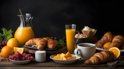 Wall Mural - breakfast with coffee and croissant created with Generative AI