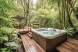 Fototapeta  - retreat with private hot tub, surrounded by lush greenery and peaceful setting, created with generative ai