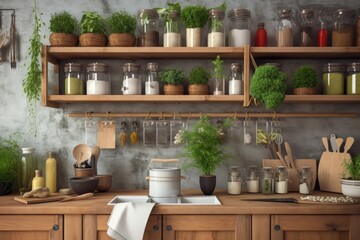 Wall Mural - a kitchen with a variety of herbs and spices for cooking, created with generative ai