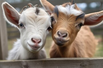 Poster - two tiny goats head- each other in playful and comical display, created with generative ai