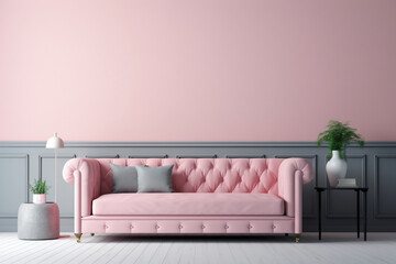 A pink pastel colored sofa in a pink and grey walls living room mock up.Generated by AI