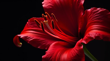Wall Mural - Close up macro red flower amaryllis plant studio shot on black background. Generative AI technology.