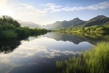 Wall Mural - serene lake reflection with peaceful mountain scene in the background, created with generative ai