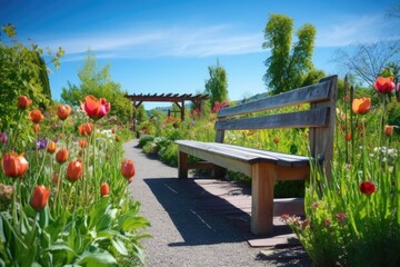 Poster - tulip garden with wooden bench and clear blue sky in the background, created with generative ai