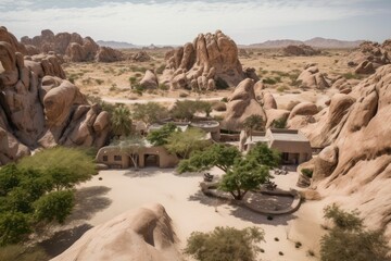 Wall Mural - oasis with bird's-eye view of the desert, surrounded by towering rock formations, created with generative ai