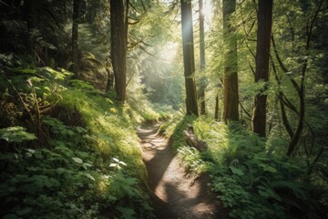 Poster - hiking trail leading through lush forest, with sunlight filtering through the trees, created with generative ai