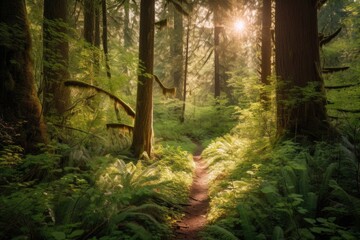 Sticker - hiking trail through lush forest, with sunlight filtering through the trees, created with generative ai