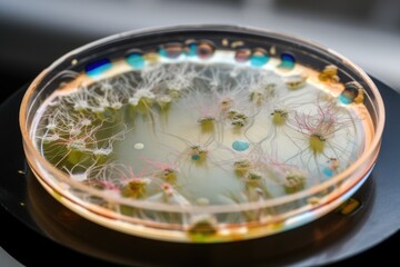 Poster - microbial culture growing in petri dish with droplets of water, created with generative ai