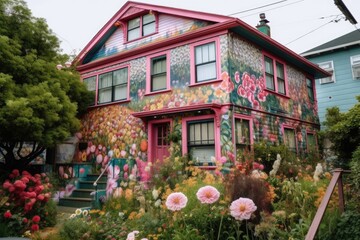 Canvas Print - painted house with intricate details, surrounded by blooming flowers, created with generative ai