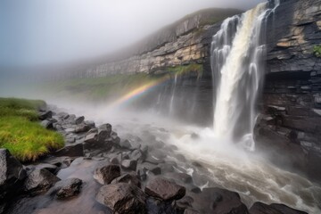 Wall Mural - dramatic cascading waterfall, with mist and rainbows in the background, created with generative ai