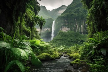 Wall Mural - majestic waterfall surrounded by lush greenery, with distant mountains in the background, created with generative ai