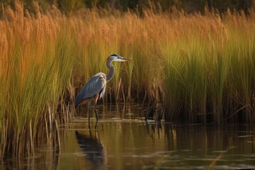 Canvas Print - marsh with heron stalking the waters for prey, created with generative ai