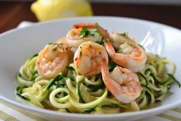 Canvas Print - zucchini and shrimp scampi over spiralized zucchini, created with generative ai