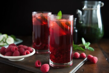 Poster - classic black tea with fresh raspberry and mint, created with generative ai