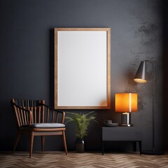 Wall Mural - Modern Minimalist Living Room Mockup with Chair, Table and Mounted Blank Picture Frame

