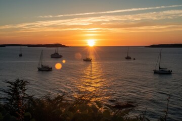 Wall Mural - the sun setting over the ocean, with a view of sailboats and fishing boats in the distance, created with generative ai