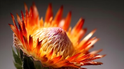 Wall Mural - Maro Close up of stunning Orange exotic King protea flower macro shot nature background. Generative AI technology.