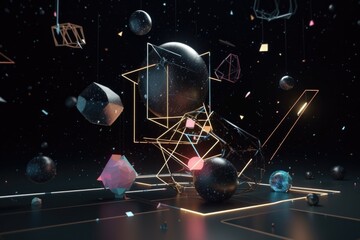 Wall Mural - 3d geometric form floating in space, with stars and planets visible in the background, created with 