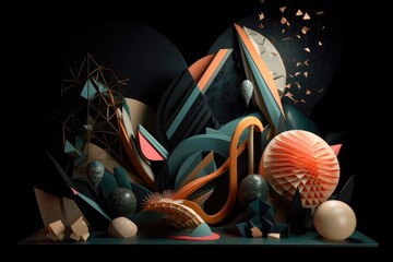 Wall Mural - 3d graphic with a mix of geometric and organic shapes on black background, created with generative a