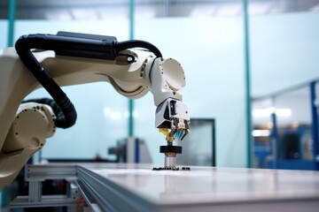 Wall Mural - robot on factory floor, performing final inspection of printed product, created with generative ai