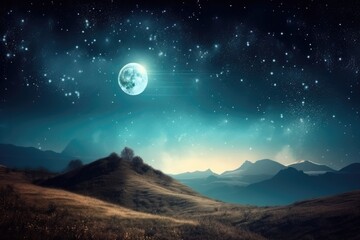 Wall Mural - abstract and surreal landscape with the moon shining above, surrounded by stars, created with genera