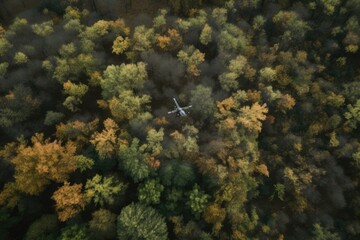 Poster - drone flying above forest canopy, with clear view of the trees, created with generative ai