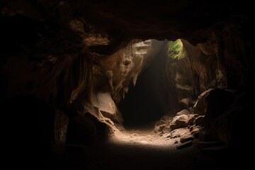 Wall Mural - close-up of cave entrance, with light shining in, created with generative ai