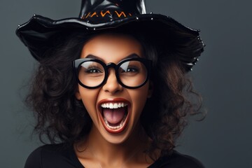 A close - up photograph of a charming young woman in her 20s, dressed in a trendy black Halloween witch outfit. Generative AI