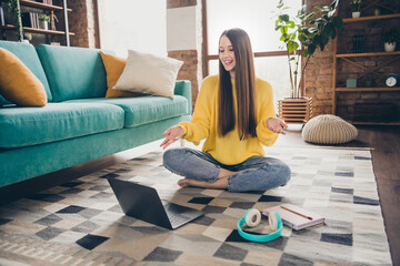 Sticker - Full body portrait of cheerful lady barefoot sit carpet floor speak communicate video call netbook modern flat indoors