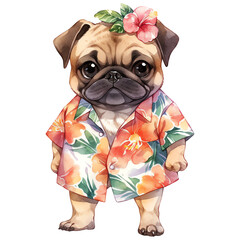 Poster - Pug dog with flower and floral shirt on summer vacation isolated - Generative AI