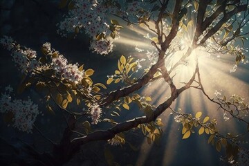 Wall Mural - close-up of blossoming tree with sun shining through the branches, created with generative ai