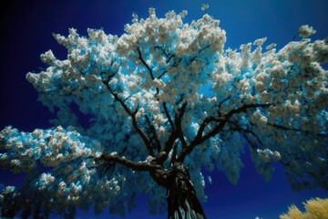 Wall Mural - close-up of blossoming tree with a bright blue sky in the background, created with generative ai