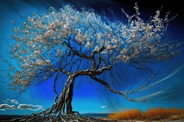 Wall Mural - blossoming tree against the backdrop of a blue sky, created with generative ai