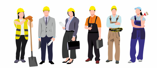 set of male and female builders and construction workers in helmets. vector flat illustration of div