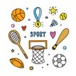 Sport hand drawn illustrations. Cute school doodles. Sport equipment set