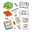 Books vector set. School doodle graphics. Open book, stack of books illustration