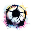 Soccer sports ball on watercolor splash background. Vector hand drawn sketch illustration. Football competition concept
