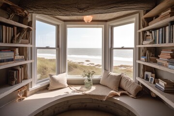 Wall Mural - cozy reading nook with a view of the beach, with driftwood and shells for decorations, created with generative ai