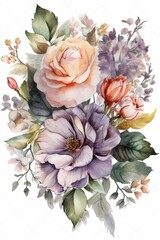  Blossoming Harmony: Immerse Yourself in the Delightful Watercolor Bouquet of Flowers on white background. Generative AI.