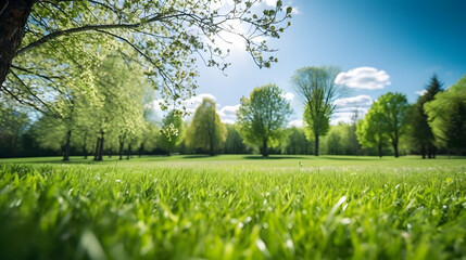 Wall Mural - Beautiful blurred background image of spring nature with a neatly trimmed lawn surrounded by trees against a blue sky with clouds on a bright sunny day, --aspect 16:9