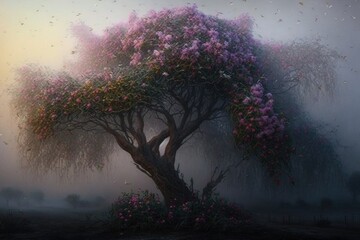 Wall Mural - tree bursting with blooms, surrounded by misty dawn, created with generative ai