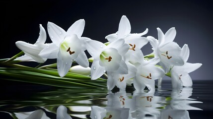 Wall Mural - Some of white wet easter lily flowers and soak in the water and some water drops, reflect on the water. Generative AI technology.