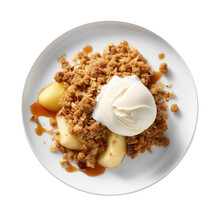 Delicious Plate Of Apple Crisp And Vanilla Ice Cream Isolated On A Transparent Background.