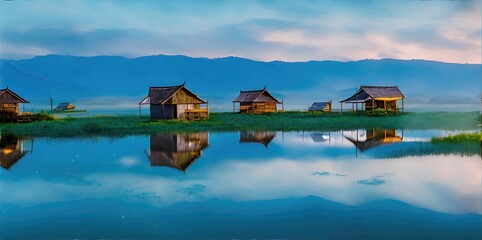 Houses and gardens on the lake against the backdrop of the mountains.