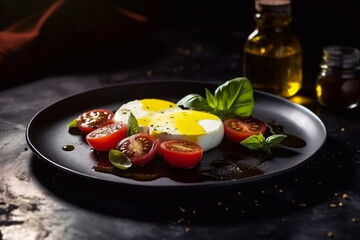 Wall Mural - Caprese salad with juicy tomatoes and olive oil on a plate on a dark background. Generative AI