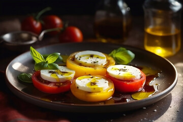 Wall Mural - Caprese salad with juicy tomatoes and olive oil on a plate on a dark background. Generative AI