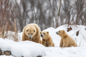Wall Mural - polar bear mother watches over her cubs as they wrestle in the snow, created with generative ai