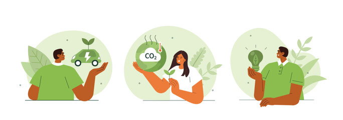 Wall Mural - sustainability concept illustration. collections of men and women characters reducing co2 emission b
