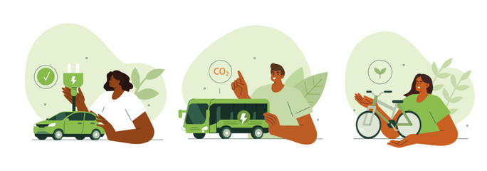 Wall Mural - sustainable transport concept illustration. collections of men and women characters showing benefits